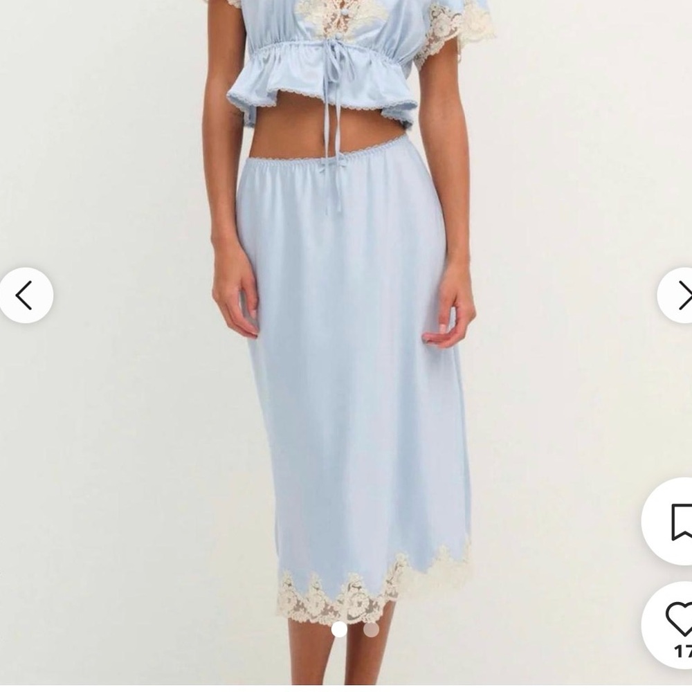 ISO.
For Love and Lemons sweetheart satin midi skirt. Not for sale